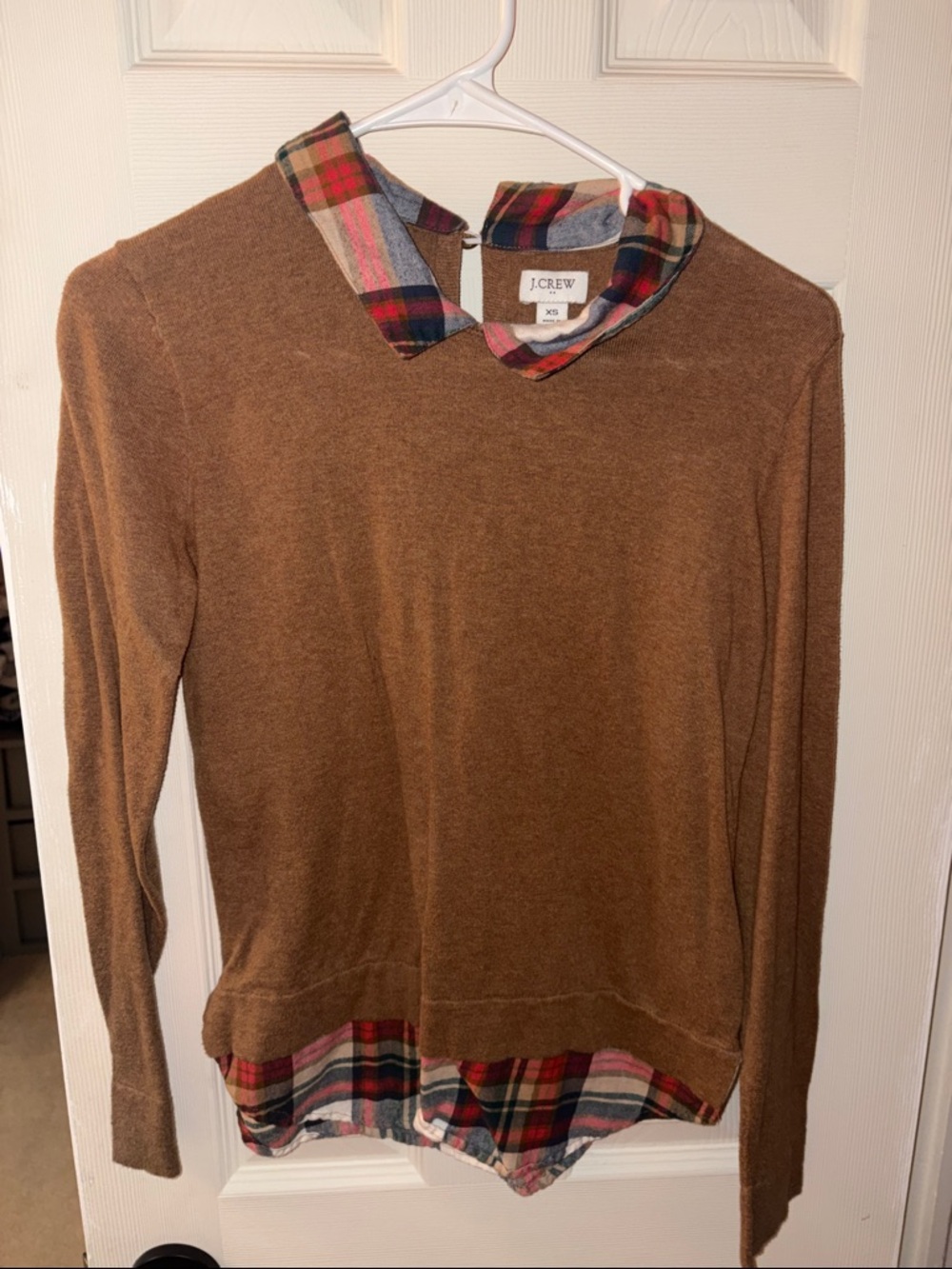 J. Crew Men’s Brown Crewneck Sweater with Plaid Collar and Hem